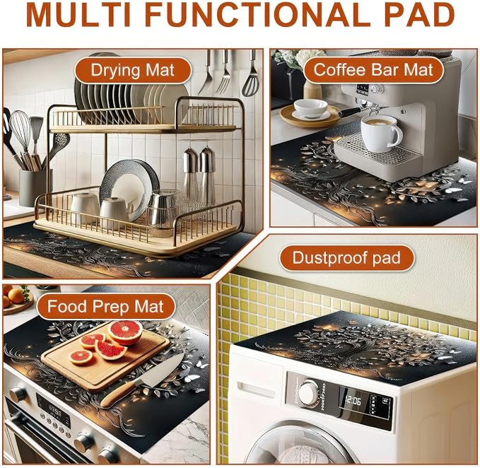 HOMETITUTE Stove Top Cover 28x20 Inch Diatomite Butterfly Tree Relief Kitchen Decor Glass Cooktop Protector Dish Drying Mat Coffee Mat Electric Stove Cover Mat Heat Resistant Pad