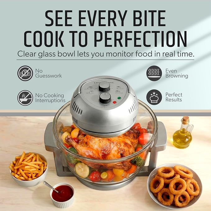 Granitestone 16Qt Large Glass Air Fryer Non Toxic – Family Sized Airfyrer Cooker with 3 Cooking Sections, Stainless Steel Racks, for French Fries, Chicken, No Preheat, Self Cleaning, Dishwasher Safe