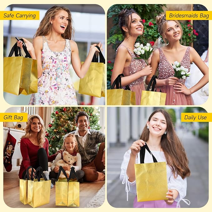 Eccliy Reusable Gift Bags Set Glossy Grocery Gift Tote Bag with Handle for Wedding, Bridal Shower, 4th of July, Summer Event(10 x 8 x 4.7 Inch,Gold with Black Handles,80 Pcs)
