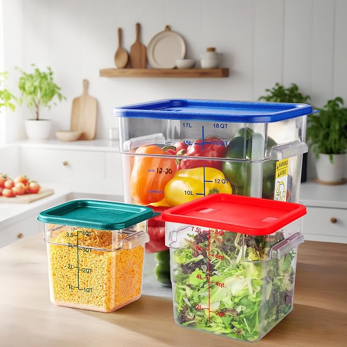 4 Pack 4 Qt Square Polycarbonate Food Storage Containers with Lids | Clear BPA-free PC with lids, side handles, measurement scale and stackable design; for food prep, storage and freezer use.
