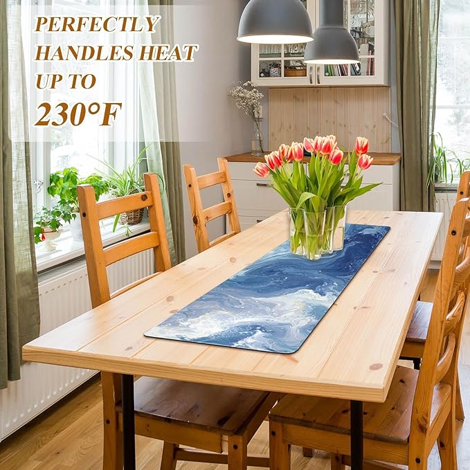2-in-1 Table Runner Trivet for Hot Dishes Heat Resistant Hot Plate Mat Pad 39x12 Inch Waterproof Table Protector Trivets for Countertop Non Slip Decorative Blue Swirling Fluid