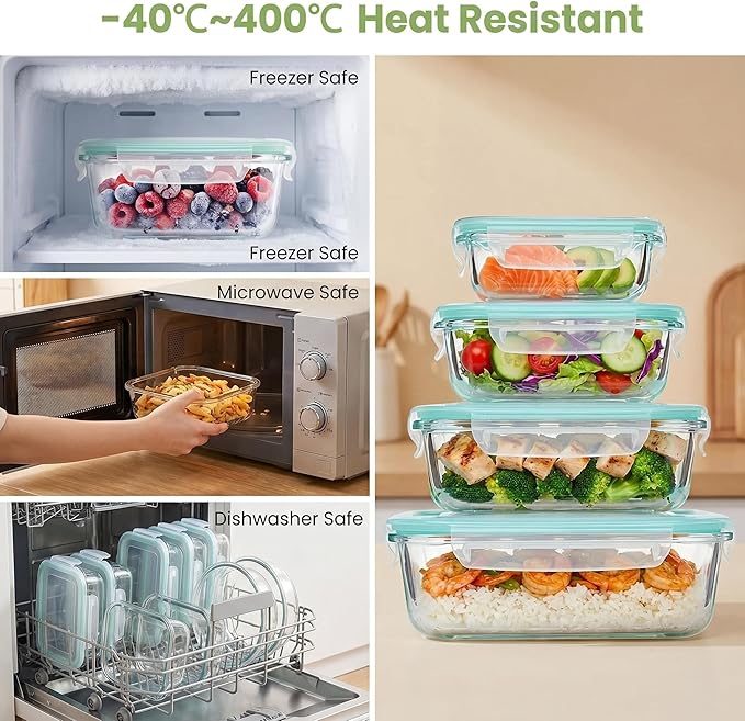 Glass Food Storage Containers, 4 Pack, Airtight Meal Prep Bento Boxes with Leakproof Locking Lids, BPA Free, Microwave, Oven, Freezer and Dishwasher Safe