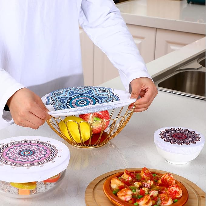 Patelai 10 Pcs Bowl Covers Reusable in 5 Size Stretch Cloth Fabric Elastic Food Storage Bowl Covers Bread Sourdough Lids for Proofing Food Fruits Leftover(Warm Color,Retro Style)