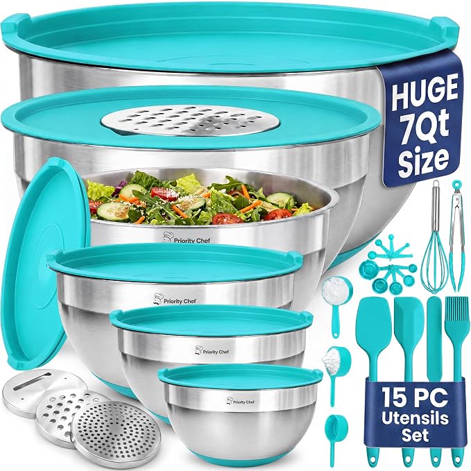 Priority Chef Stainless Steel Mixing Bowls with Lids Set - Premium 30Pcs with 6pc Metal Bowl Set for Kitchen, 3 Graters, Airtight Lids, Non-Slip Bases & Silicone Utensils, Turquoise