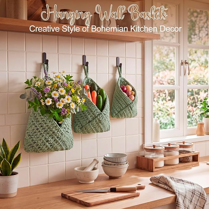 Honeydak Boho Decor Hanging Wall Baskets for Kitchen 3 Pack Teardrop Baskets with Hooks Storage Fruit Onion Vegetable Potato for Home 3 Sizes(Sage Green,Triangle,Cotton Rope)