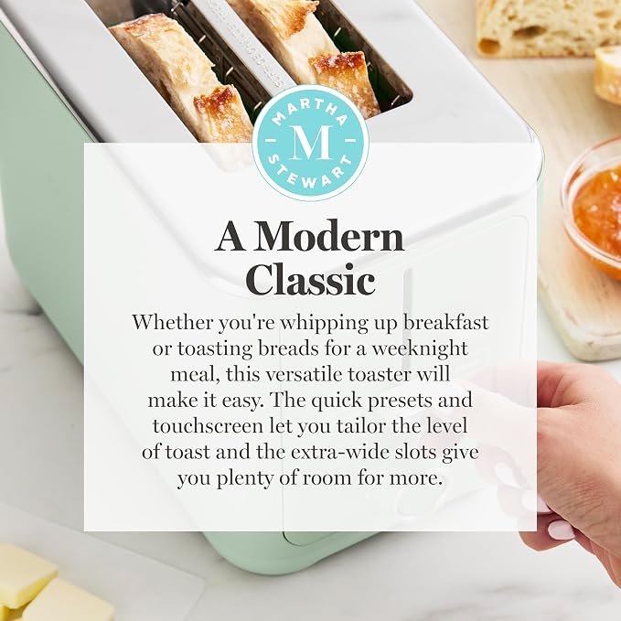 Martha Stewart 2 Slice Toaster, 10 Shade Settings with Defrost, Cancel, Bagel & Gluten-Free, Extra-Wide Self-Centering Slots for Waffles & Artisan Bread, Removable Crumb Tray, Cord Wrap, Honeydew