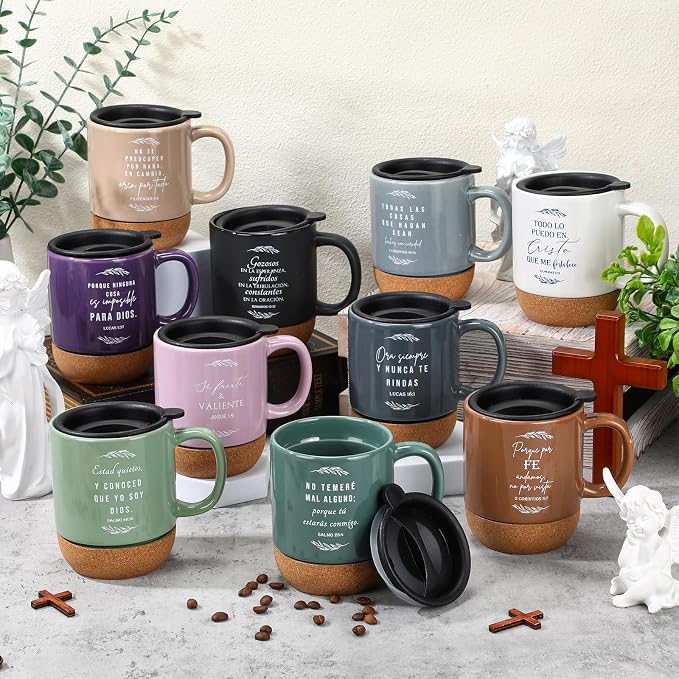 Jingmore 10 Pcs Christian Gift Bulk Religious Mugs with Bible Verse Coffee Cup 15oz for Teacher Nurse Women Men Church Member Employee Mom Dad Clergy Pastor(Leaves, Spanish)