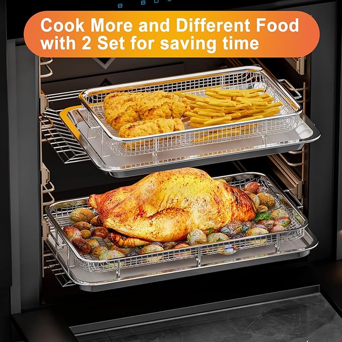 Air Fryer Basket for Oven, 2 Set Air Fryer Pan and Cripy Tray Set with 60 PCS Parchment Papers, THORSES Thickened Stainless Steel NonStick Air Fryer Basket and Pan (18.8"x12.8"&14.88" × 10.98"）