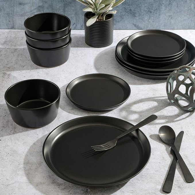 Gibson Soho Lounge Sofia Coupe 12-Piece Stoneware Dinnerware Set, Service for 4 – Black Plates and Bowls