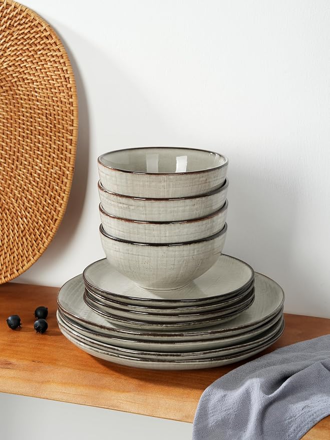 Famiware Moonlight Plates and Bowls Sets, 12 Pieces Stoneware Dinnerware Sets with Linen Finish, Handmade Dishware Set for 4, Microwave and Dishwasher Safe, Chip and Scratch Resistant, Summer Sand