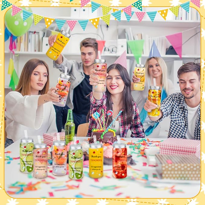 Skylety 24 Pcs Back to School Gift Bulk Teacher and Staff Appreciation Cup 14 oz Thank You Cups Plastic Cups with Lid and Straw for School Teacher Staff Office Classroom Party Favor Supplies
