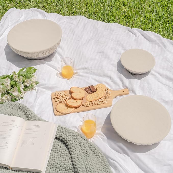 Reusable Fabric Bowl Covers for Bread Proofing - Washable, Dye-free, and All-Natural 100% Linen Cloth Bowl Covers for Bread Rising - Elastic Closure to Fit Multiple Bowl Sizes (1 XL, 1 L, 1 M, 1 S)
