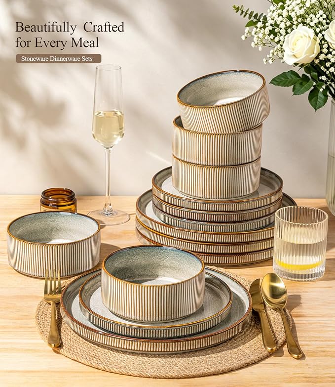 GBHOME 18-Piece Stoneware Dinnerware Set for 6 – Ribbed Ceramic Plates and Bowls, Scratch-Resistant, Microwave & Dishwasher Safe, Reactive Glaze, Reactive Glaze Green Wheat