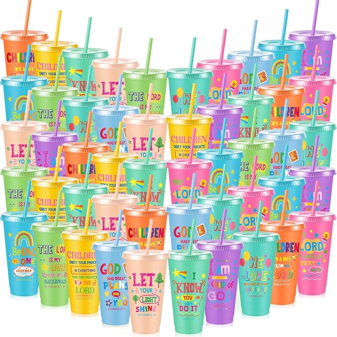 Uiifan 50 Pcs VBS Christian Cups Bulk for Kids, Religious Plastic Tumblers with Bible Verses, Sunday School and Church Gifts, Reusable Cups with Lids and Straws (Pastel)