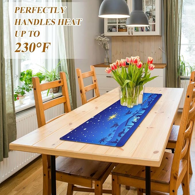ALAZA Christmas Nativity Scene Trivet Table Runner 40 Inches Long Trivet for Hot Pots and Pans/Hot Dishes,Table Protector Heat Up to 230F, Decorative Hot Plates Mat for Kitchen Countertop 3