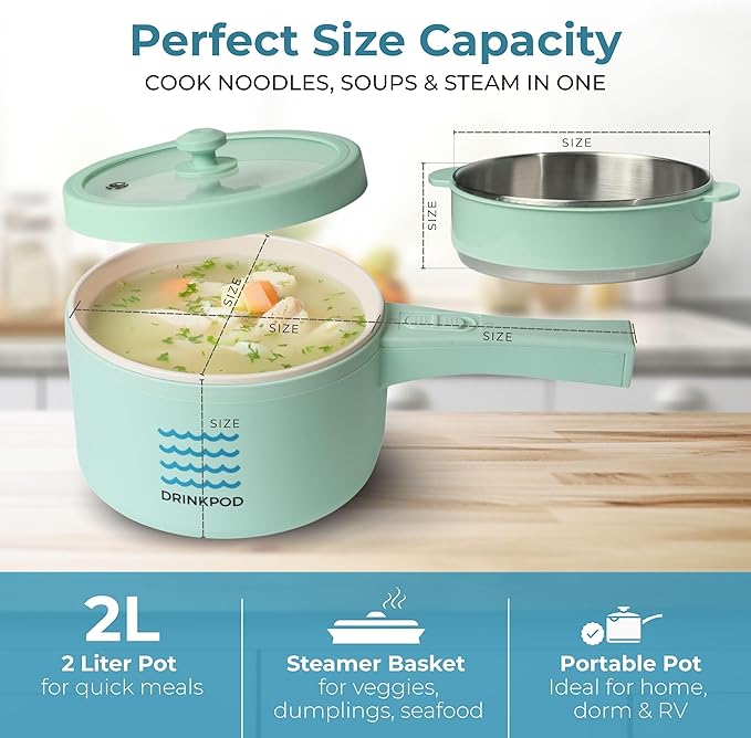 DRINKPOD 2L Electric Hot Pot with Steamer, Portable Multi Cooker for Ramen, Eggs, Soup, Oatmeal Non-Stick Mini Pot with Adjustable Temperature (AQUA GREEN)