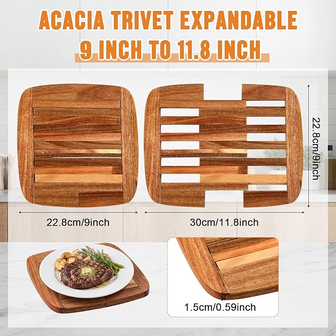 Yungyan Wood Trivet, Acacia Wood Hot Dish Holder Expandable 9 Inch to 11.8 Inch, Wooden Trivets for Hot Dishes, Bowls, Plates, Pots and Pans, Kitchen Table Protector