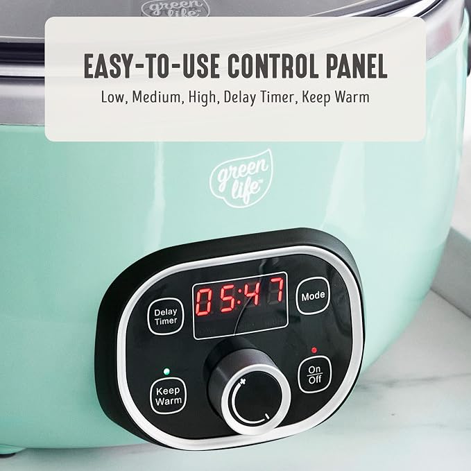GreenLife 6QT Ceramic Slow Cooker, PFAS-Free, Programmable, Removable Healthy Nonstick Pot for Family Meals, Sear on Stovetop, Keep Warm, Digital Timer, Dishwasher Safe Crock, Turquoise