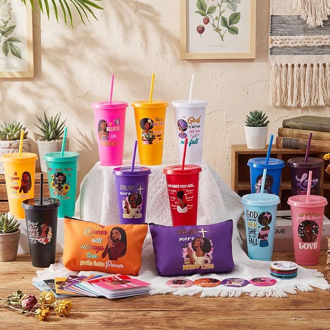 Hollowfly 12Set/48Pcs African Americans Black Women Christian Gifts Set Include 24oz Coffee Cup with Lid and Straw, Makeup Bags, Mirrors, Notepad, Black Owned Inspirational Gift for Women(Colorful)