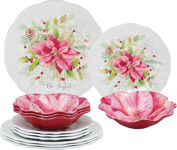 UPware 12 Piece Joyful Holiday Melamine Dinnerware Sets, Outdoor Dishes Set, Plates and Bowls Sets, Christmas Decorations, Service for 4, Red