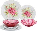 UPware 12 Piece Joyful Holiday Melamine Dinnerware Sets, Outdoor Dishes Set, Plates and Bowls Sets, Christmas Decorations, Service for 4, Red