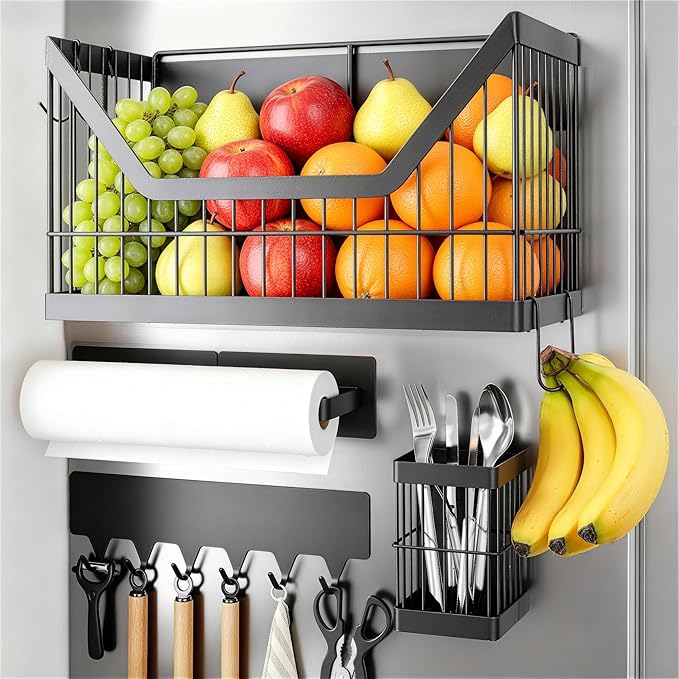 Nieifi Magnetic Shelf for Fridge 4 Pack, Onion Potato Storage, Magnetic Fridge Organizer- Fruit & Vegetable Storage Basket with Utensils Racks, Paper Towel Holder for Kitchen, Laundry Room