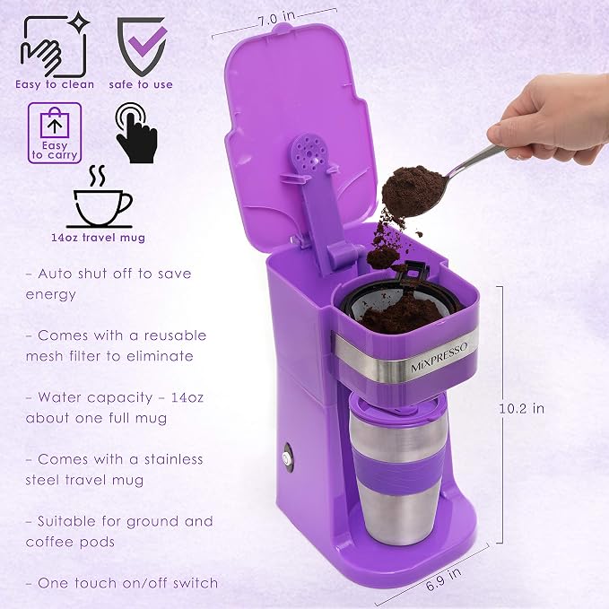 Mixpresso Purple Personal Single Serve Coffee Maker with 14oz Travel Mug, Drip Small Coffee Maker with Auto Shut Off, Reusable Filter, Works with Ground Coffee Only – Not for K-Cup Pods