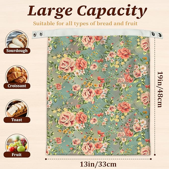 Bread Bags for Homemade Bread, Vintage Floral Rose Flower 2 Pack Linen and Beeswax Sourdough Storage Bags, Reusable Keeper, Keeps Breads Fresh Longer, Gifts for Bakers