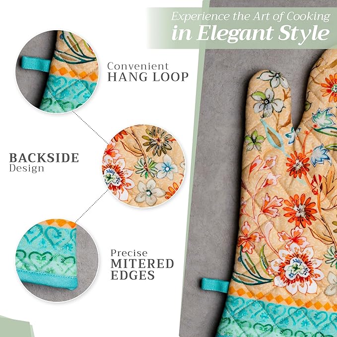 Maison d' Hermine 100% Cotton Oven Mitt & Pot Holder Set (7.5"x13" & 8"x8") Heat Resistant BBQ Cooking Gloves with Loop Grilling Kitchen Gifts for Mothers Day Spring/Summer (Luxury Loft - Peach)