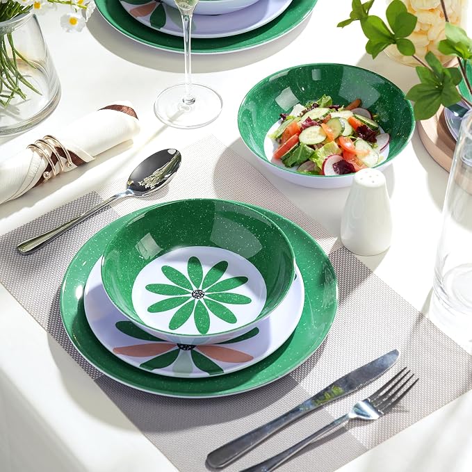 Outdoor Melamine Dinnerware Set 12 Pieces, Spring Party Green Flowers