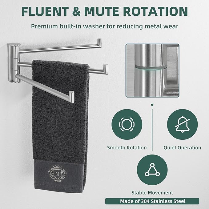Aomasi Brushed Nickel Swivel Towel Bar, 304 Stainless Steel Triple Rotatable Towel Rack, Wall Mounted