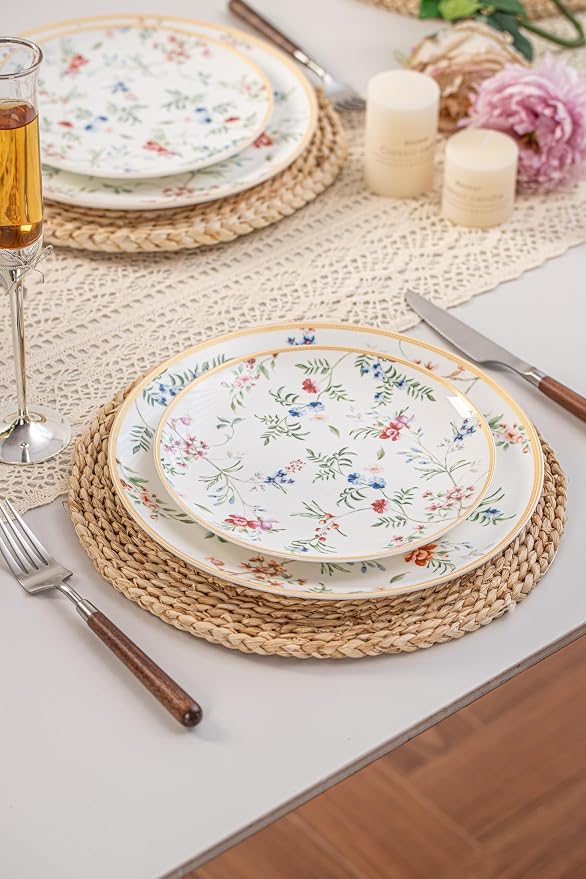 FHGNYSM Delicate Floral Dinnerware Set for 4,12-Piece Porcelain Lightweight Plates and Bowls Sets with Fine Sprigs and Blossoms, Ceramic Kitchen Dinner Set with Thin Gold Rim(English Garden Style)
