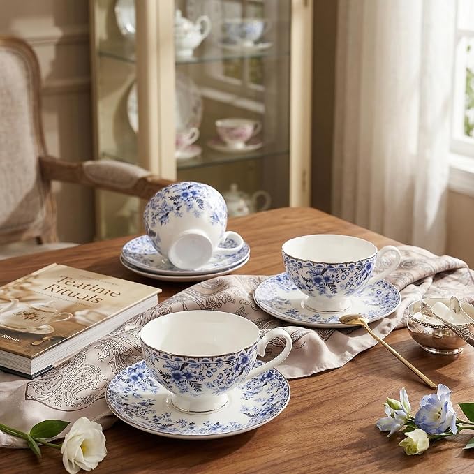 Vintage Floral Porcelain Tea Cup and Saucer Set with Gold Trim, Classic Blue Pattern, 6 oz Capacity