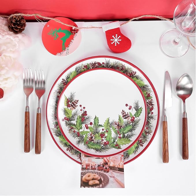 12-Piece Christmas Melamine Dinnerware Set,Holiday Dishes Set，White & Green | Lightweight & Stackable for Home&Party plates,Plate and Bowl Sets Ideal for for Indoor Outdoor Use -Christmas Garland