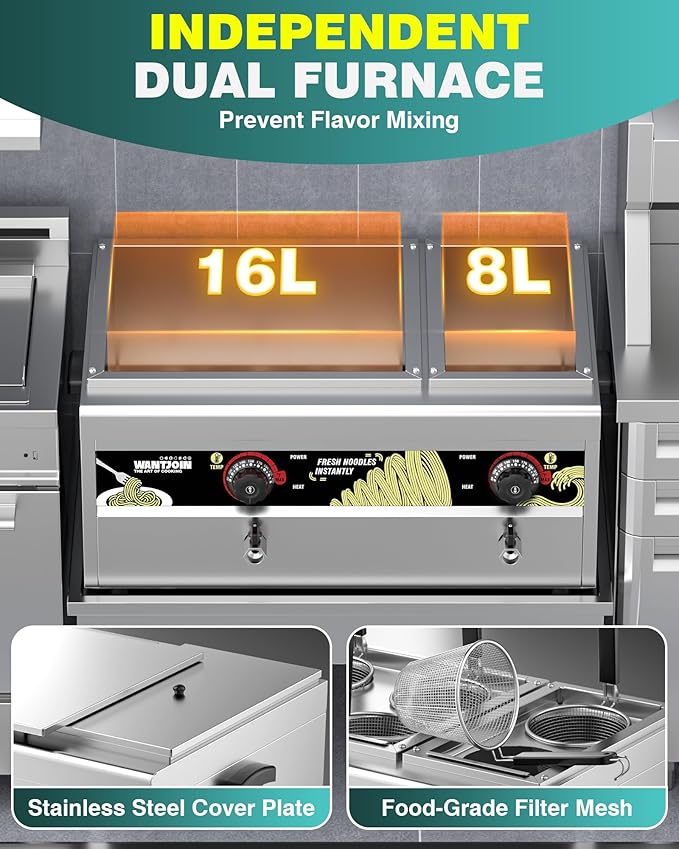 WantJoin Commercial Pasta Cooker - Electric Pasta Cooker with 6 Noodle Strainers, Precision Temp Control 86°F to 230°F, Cooking Machine w/Drain Valve for Spaghetti Ramen, Noodles and Vegetables