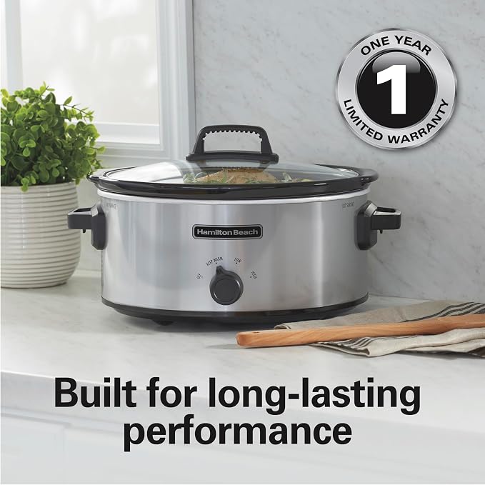 Hamilton Beach 6 Quart Slow Cooker With 3 Cooking Settings | Dishwasher-Safe Stoneware Crock & Glass Lid | Silver | 33665G