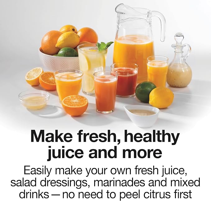 Proctor Silex 34 oz. Electric Citrus Juicer, Orange Juicer | Pressure Activated | 2 Reamers For Big and Small Fruit | Pulp Control | For Orange, Lemon, Grapefruit Juice | White & Green