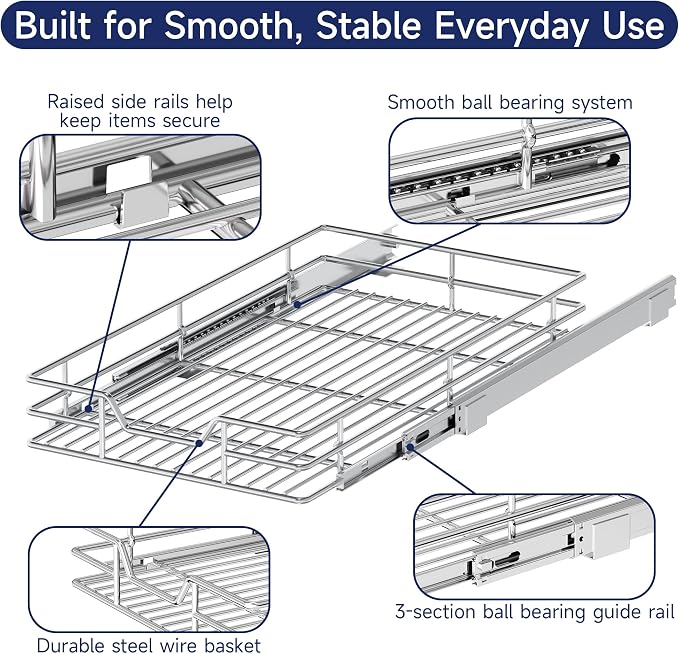 Pull Out Cabinet Organizer, 13.5" W x 18" D, Heavy Duty Chrome Slide Out Shelf for Base Cabinets, Sliding Wire Basket Drawer for Pantry Items, Bowls, Containers & Cleaning Supplies