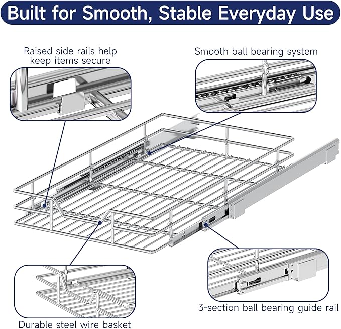 Pull Out Cabinet Organizer, 14.5" W x 21.5" D, Heavy Duty Chrome Slide Out Shelf for Base Cabinets, Sliding Wire Basket Drawer for Pantry Items, Bowls, Containers & Cleaning Supplies