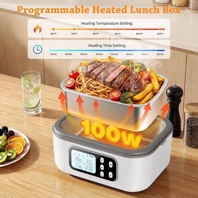 SOUOA Cordless Heated Electric Lunch Box for Adults with Automatic Heating, 100W Portable Food Warmer Battery Powered with Scheduled Heating, 6.3 Cup Food Heater for Men/Work/Office/Car/Truck (White)