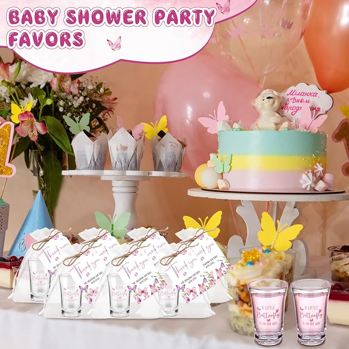 Pickmesh 25 Sets Butterfly Baby Shower Shot Glasses for Guests Include Acrylic a Little Butterfly Is on The Way Shot Glasses Purple Cards Organza Bags for Spring Summer Party Decorations