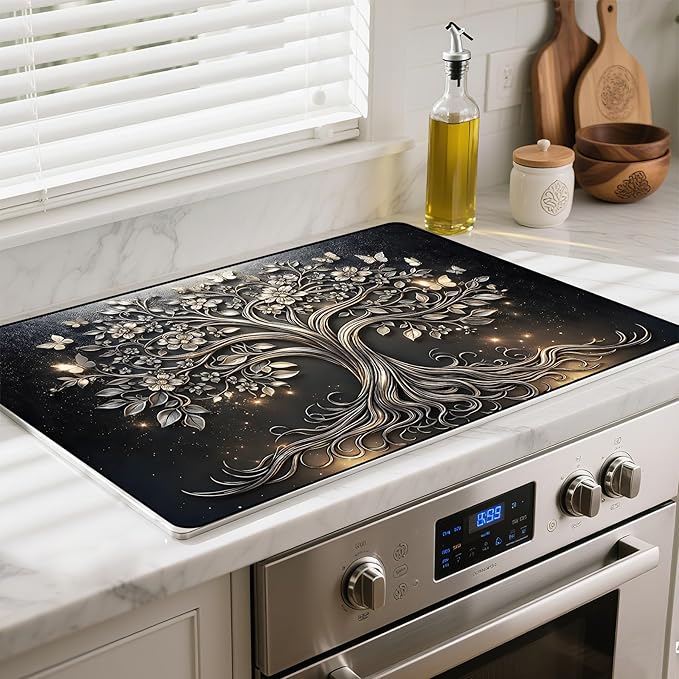 Stove Top Cover- Mat for Electric Stove Protector with Anti-Slip Rubber Coating Dish Drying Mats Scratch-Resistant (Tree, 28.5" x 20.5")