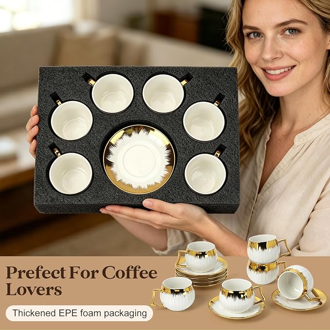 3.5 OZ Espresso Cups with Saucers, Ceramic Coffee Cup Set of 6, Turkish Coffee Cup Set, Coffee Cup Gift for Latte, Double Shot, Cafe Mocha and Tea, Dishwasher & Microwave Safe (Gold Trim-03)