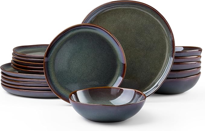 HaWare Plates and Bowls Set, Stoneware Dinnerware Sets, 18-Piece Hand-painted Dish Set for 6, Ceramic Dishware for Home Kitchen, Scratch Resistant, Microwave and Dishwasher Safe, Reactive Moss Green