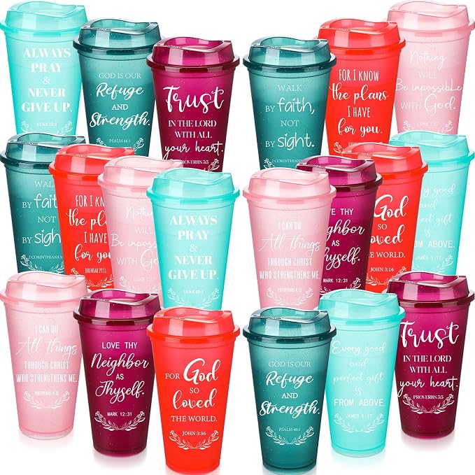 Skylety 20 Pack Christian Gifts for Fathers Bulk 16oz Inspirational Bible Verse Tumbler Church Gifts for Men Plastic Coffee Cups with Lids for Dad (Rainbow Glitter)