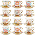 Teenyyou Set of 12 Tea Cups and Saucers Tea Party Decorations Floral Porcelain 5.4 oz British Gift for Women Birthday Party, Church, and Mother's Day (Vibrant Style)