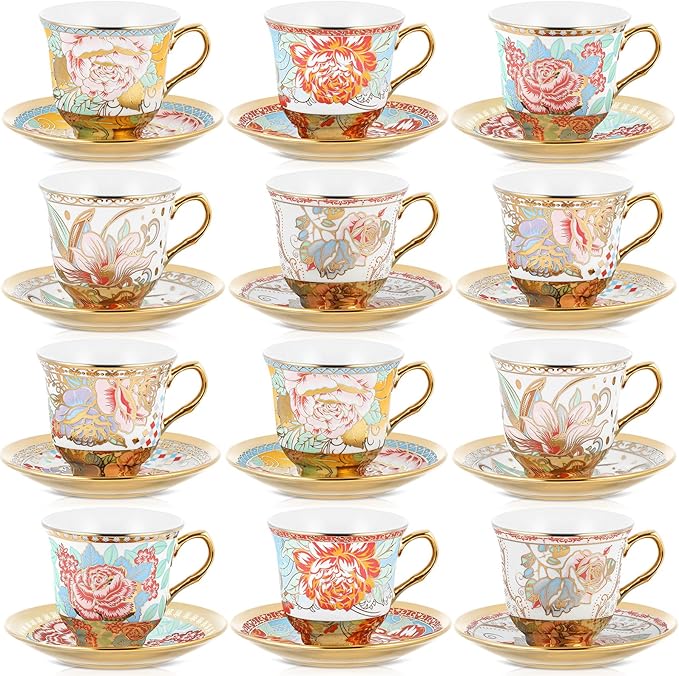 Teenyyou Set of 12 Tea Cups and Saucers Tea Party Decorations Floral Porcelain 5.4 oz British Gift for Women Birthday Party, Church, and Mother's Day (Vibrant Style)