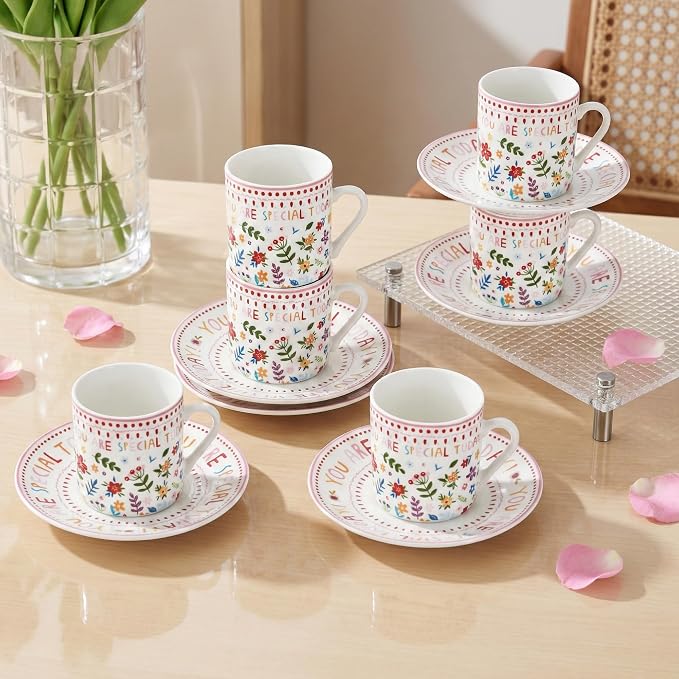 Floral Espresso Cups & Saucers Set of 6, 3oz Small Coffee Mugs, Ceramic Demitasse Cup for Tea, Latte, Espresso Shot Cup for Espresso Machine & Coffee Maker, Women Gifts for Mother's Day, Birthday