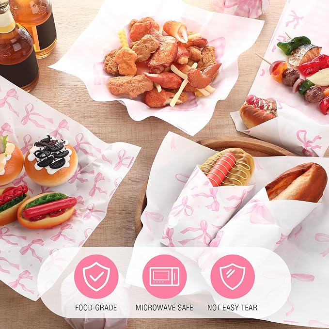 Reallnaive 600 Pcs Pink Bow Wax Paper Sheets 12 x 12 Inch Parchment Deli Tissue Paper Sandwich Wrapping Sheets Food Basket Liners for Kitchen Restaurant Baking Supplies, 6 Styles