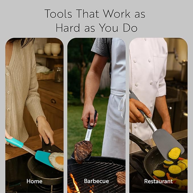 Restaurantware Comfy Grip 12 x 3 Inch Silicone Turner 1 Durable Cooking Turner - Stainless Steel Body Rubber Handle With Hole Gray Silicone Flipper Spatula Tolerates Up To 446F Dishwashable